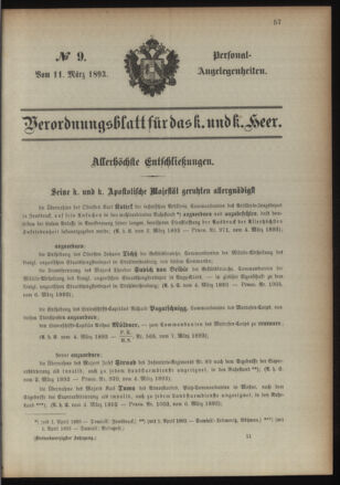 Kaiserlich-königliches Armee-Verordnungsblatt: Personal-Angelegenheiten 18930311 Seite: 1