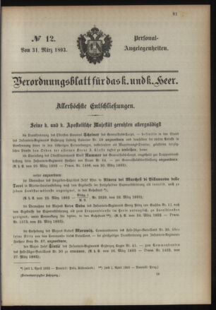 Kaiserlich-königliches Armee-Verordnungsblatt: Personal-Angelegenheiten 18930331 Seite: 1