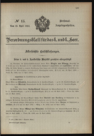 Kaiserlich-königliches Armee-Verordnungsblatt: Personal-Angelegenheiten 18930419 Seite: 1