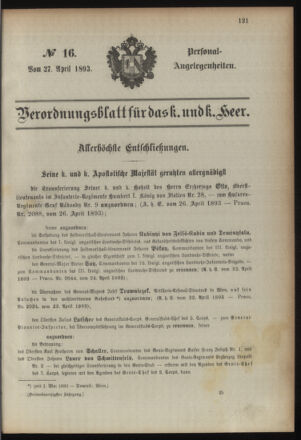 Kaiserlich-königliches Armee-Verordnungsblatt: Personal-Angelegenheiten 18930427 Seite: 1