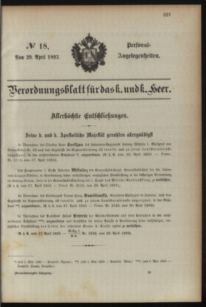 Kaiserlich-königliches Armee-Verordnungsblatt: Personal-Angelegenheiten 18930429 Seite: 1