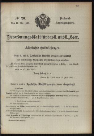 Kaiserlich-königliches Armee-Verordnungsblatt: Personal-Angelegenheiten 18930516 Seite: 1