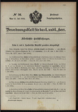 Kaiserlich-königliches Armee-Verordnungsblatt: Personal-Angelegenheiten 18930711 Seite: 1