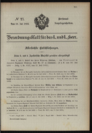 Kaiserlich-königliches Armee-Verordnungsblatt: Personal-Angelegenheiten 18930718 Seite: 1