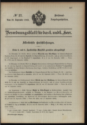 Kaiserlich-königliches Armee-Verordnungsblatt: Personal-Angelegenheiten 18930929 Seite: 1