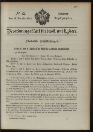 Kaiserlich-königliches Armee-Verordnungsblatt: Personal-Angelegenheiten 18931111 Seite: 1