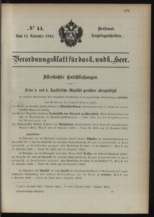 Kaiserlich-königliches Armee-Verordnungsblatt: Personal-Angelegenheiten 18931114 Seite: 1