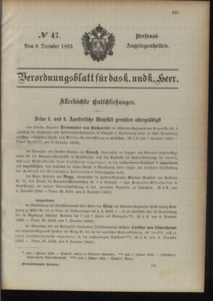 Kaiserlich-königliches Armee-Verordnungsblatt: Personal-Angelegenheiten 18931209 Seite: 1