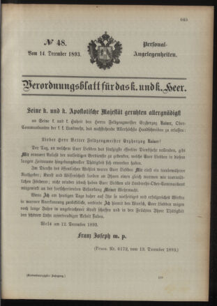 Kaiserlich-königliches Armee-Verordnungsblatt: Personal-Angelegenheiten 18931214 Seite: 1