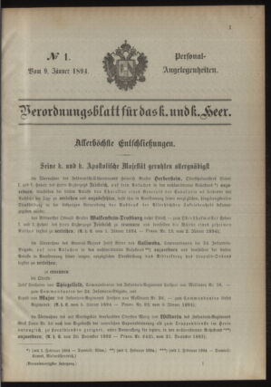 Kaiserlich-königliches Armee-Verordnungsblatt: Personal-Angelegenheiten 18940109 Seite: 1