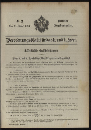 Kaiserlich-königliches Armee-Verordnungsblatt: Personal-Angelegenheiten 18940131 Seite: 1