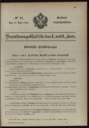 Kaiserlich-königliches Armee-Verordnungsblatt: Personal-Angelegenheiten 18940411 Seite: 1