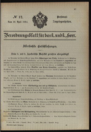 Kaiserlich-königliches Armee-Verordnungsblatt: Personal-Angelegenheiten 18940419 Seite: 1