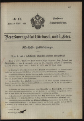 Kaiserlich-königliches Armee-Verordnungsblatt: Personal-Angelegenheiten 18940429 Seite: 1