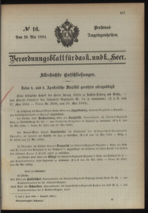 Kaiserlich-königliches Armee-Verordnungsblatt: Personal-Angelegenheiten 18940529 Seite: 1