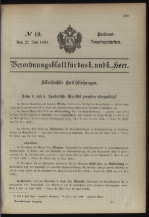 Kaiserlich-königliches Armee-Verordnungsblatt: Personal-Angelegenheiten 18940621 Seite: 1