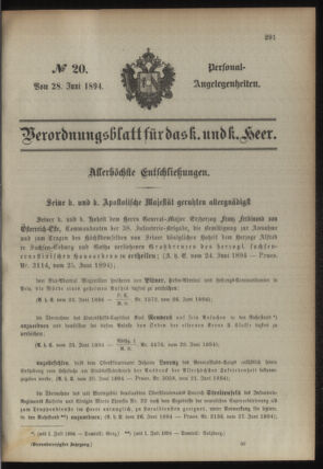 Kaiserlich-königliches Armee-Verordnungsblatt: Personal-Angelegenheiten 18940628 Seite: 1