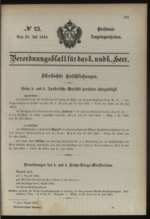 Kaiserlich-königliches Armee-Verordnungsblatt: Personal-Angelegenheiten 18940728 Seite: 1