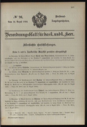 Kaiserlich-königliches Armee-Verordnungsblatt: Personal-Angelegenheiten 18940816 Seite: 1