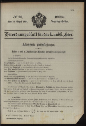 Kaiserlich-königliches Armee-Verordnungsblatt: Personal-Angelegenheiten 18940822 Seite: 1