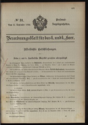 Kaiserlich-königliches Armee-Verordnungsblatt: Personal-Angelegenheiten 18940915 Seite: 1