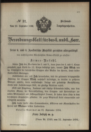 Kaiserlich-königliches Armee-Verordnungsblatt: Personal-Angelegenheiten 18940923 Seite: 1