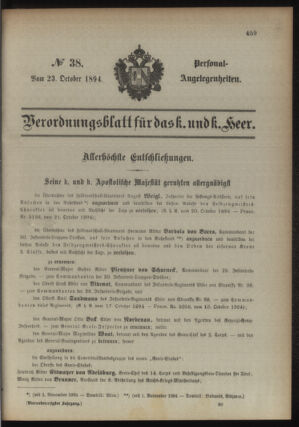 Kaiserlich-königliches Armee-Verordnungsblatt: Personal-Angelegenheiten 18941023 Seite: 1