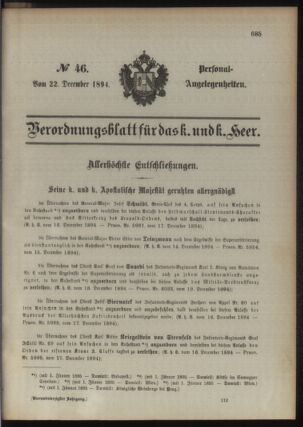 Kaiserlich-königliches Armee-Verordnungsblatt: Personal-Angelegenheiten 18941222 Seite: 1