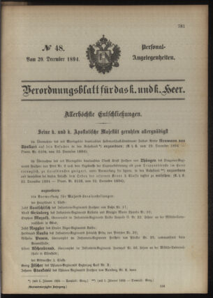 Kaiserlich-königliches Armee-Verordnungsblatt: Personal-Angelegenheiten 18941229 Seite: 1