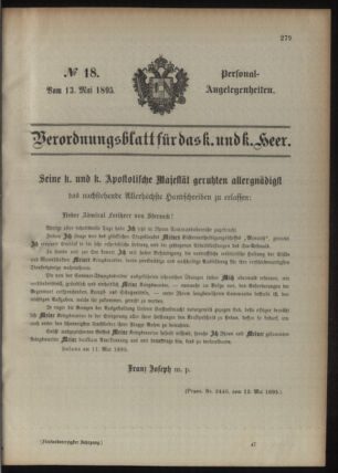 Kaiserlich-königliches Armee-Verordnungsblatt: Personal-Angelegenheiten 18950513 Seite: 1