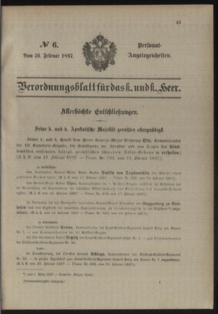 Kaiserlich-königliches Armee-Verordnungsblatt: Personal-Angelegenheiten 18970226 Seite: 1