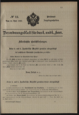 Kaiserlich-königliches Armee-Verordnungsblatt: Personal-Angelegenheiten 18970424 Seite: 1