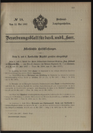 Kaiserlich-königliches Armee-Verordnungsblatt: Personal-Angelegenheiten 18970522 Seite: 1