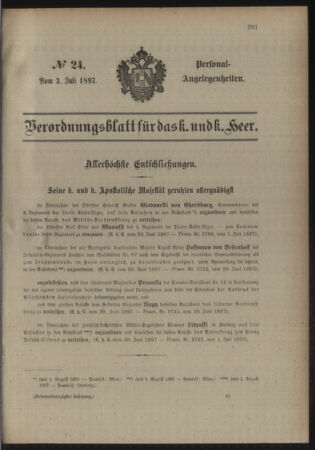 Kaiserlich-königliches Armee-Verordnungsblatt: Personal-Angelegenheiten 18970703 Seite: 1