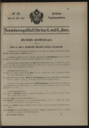 Kaiserlich-königliches Armee-Verordnungsblatt: Personal-Angelegenheiten 18970722 Seite: 1