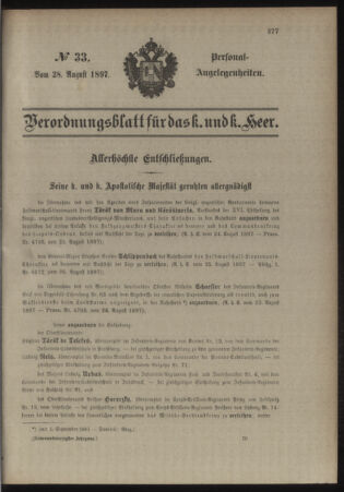 Kaiserlich-königliches Armee-Verordnungsblatt: Personal-Angelegenheiten 18970828 Seite: 1