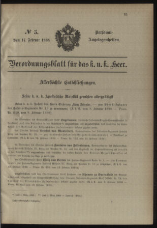 Kaiserlich-königliches Armee-Verordnungsblatt: Personal-Angelegenheiten 18980217 Seite: 1