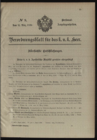 Kaiserlich-königliches Armee-Verordnungsblatt: Personal-Angelegenheiten 18980315 Seite: 1