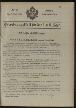 Kaiserlich-königliches Armee-Verordnungsblatt: Personal-Angelegenheiten 18980408 Seite: 1