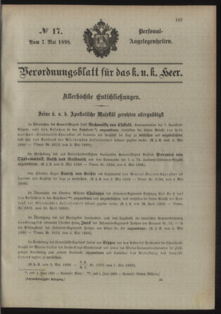 Kaiserlich-königliches Armee-Verordnungsblatt: Personal-Angelegenheiten 18980507 Seite: 1