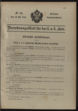 Kaiserlich-königliches Armee-Verordnungsblatt: Personal-Angelegenheiten 18980516 Seite: 1