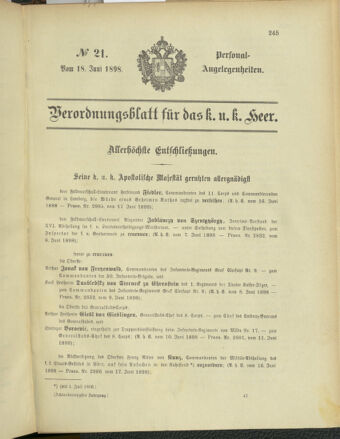 Kaiserlich-königliches Armee-Verordnungsblatt: Personal-Angelegenheiten 18980618 Seite: 1