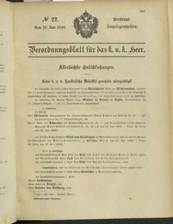 Kaiserlich-königliches Armee-Verordnungsblatt: Personal-Angelegenheiten 18980628 Seite: 1