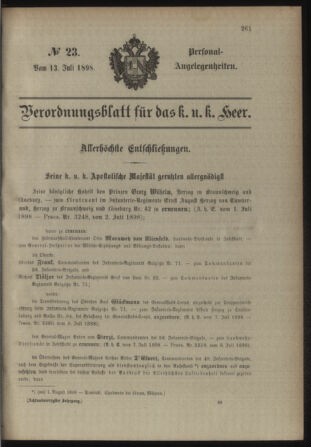 Kaiserlich-königliches Armee-Verordnungsblatt: Personal-Angelegenheiten 18980713 Seite: 1