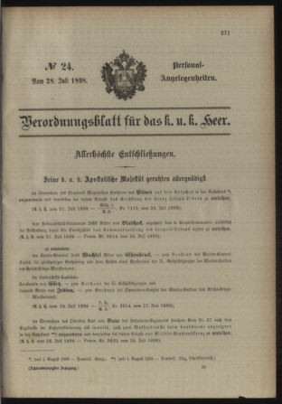 Kaiserlich-königliches Armee-Verordnungsblatt: Personal-Angelegenheiten 18980728 Seite: 1