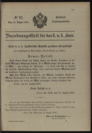 Kaiserlich-königliches Armee-Verordnungsblatt: Personal-Angelegenheiten 18980818 Seite: 1