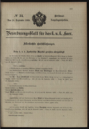 Kaiserlich-königliches Armee-Verordnungsblatt: Personal-Angelegenheiten 18980928 Seite: 1