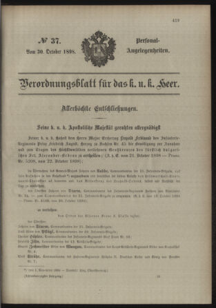 Kaiserlich-königliches Armee-Verordnungsblatt: Personal-Angelegenheiten 18981030 Seite: 1