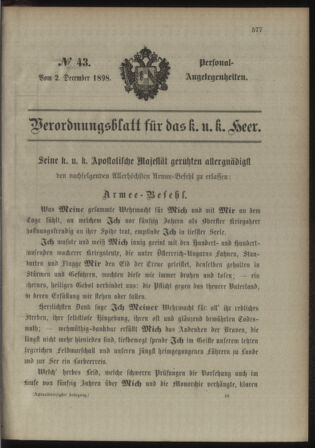 Kaiserlich-königliches Armee-Verordnungsblatt: Personal-Angelegenheiten 18981202 Seite: 1