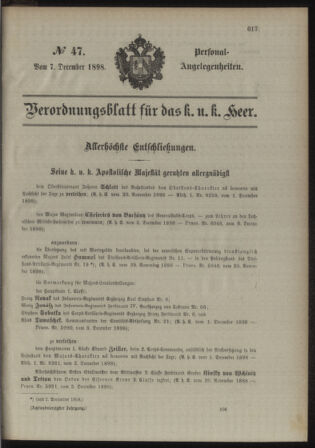 Kaiserlich-königliches Armee-Verordnungsblatt: Personal-Angelegenheiten 18981207 Seite: 1